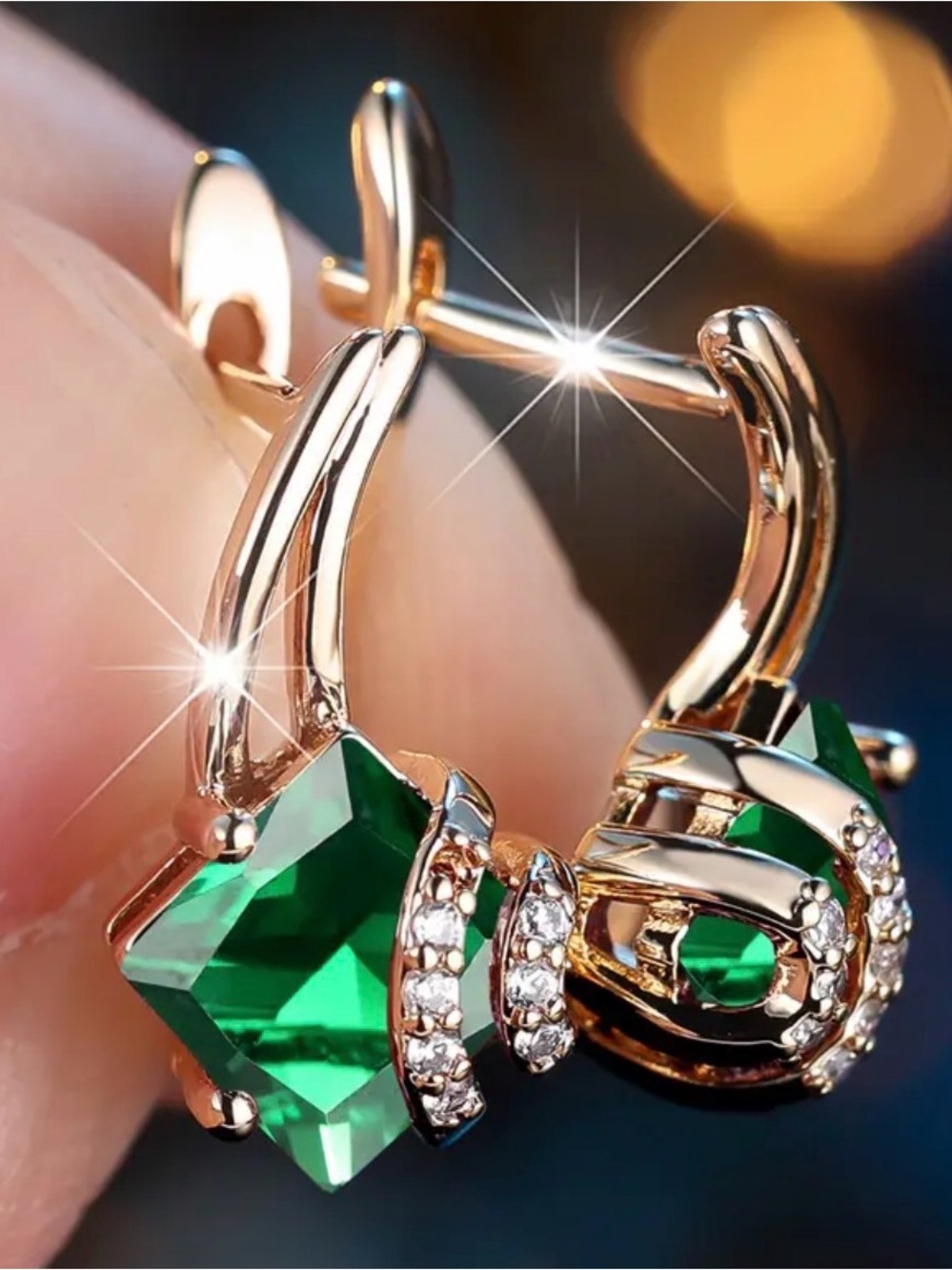 Bohemian Square Green Gold Crystal Earrings.